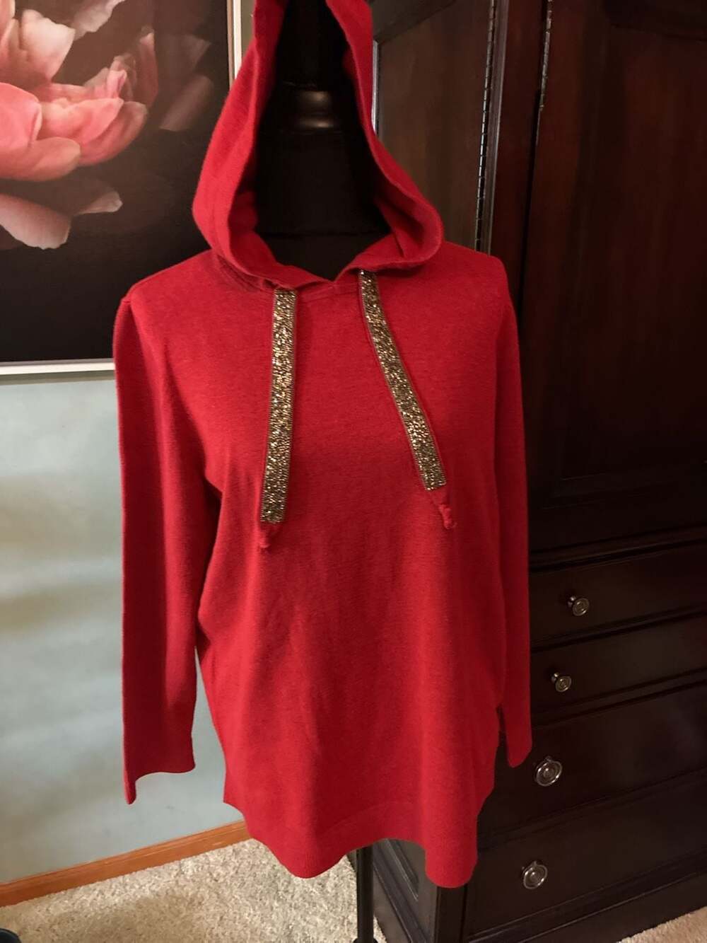 Chico's Women's Red Pullover Hoodie with Embellished Drawstrings Size L (2) A641